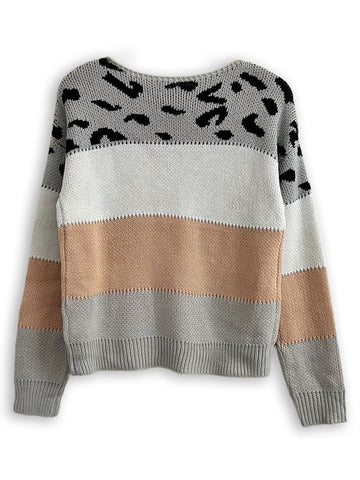 Women’s Leopard Print Knit Sweater – Round Neck Long Sleeve Pullover