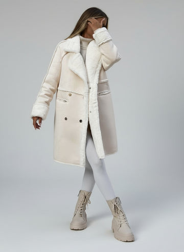 Front view of beige plush-lined women’s coat
