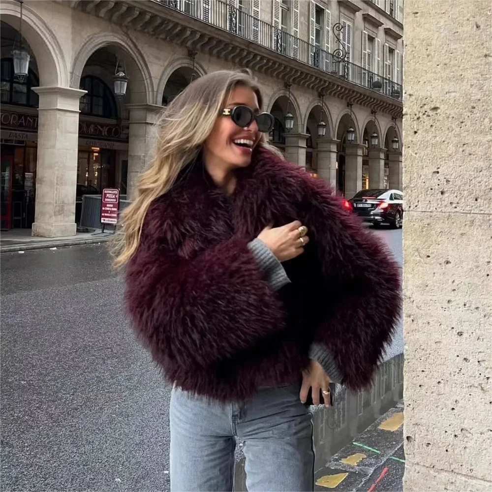 Women’s burgundy plush jacket back view