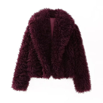 Women’s burgundy plush jacket front view