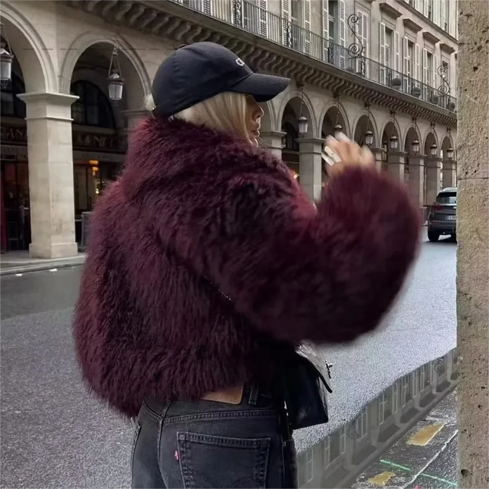 Burgundy winter jacket styled for streetwear