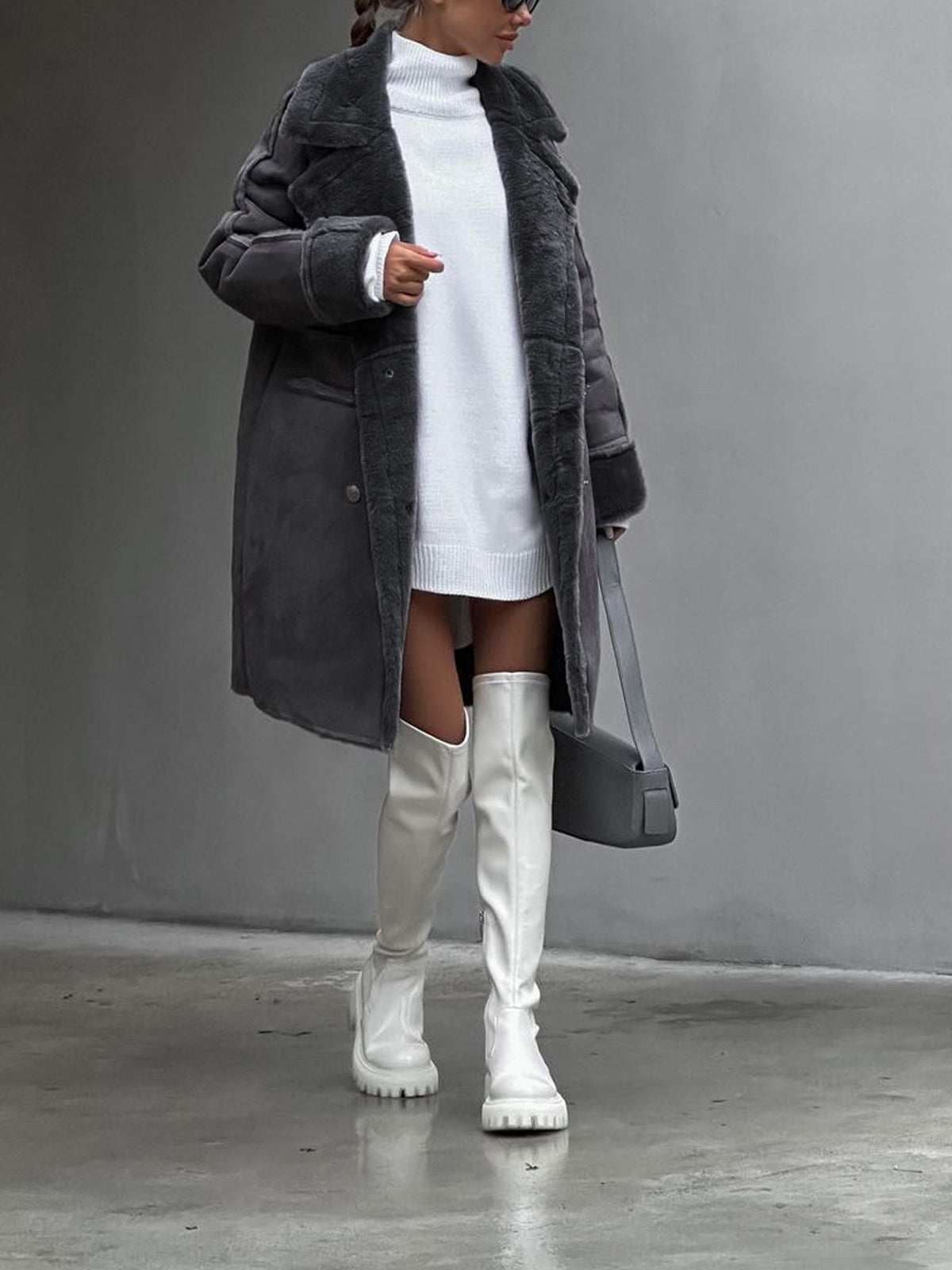 Fashion look featuring grey long plush coat