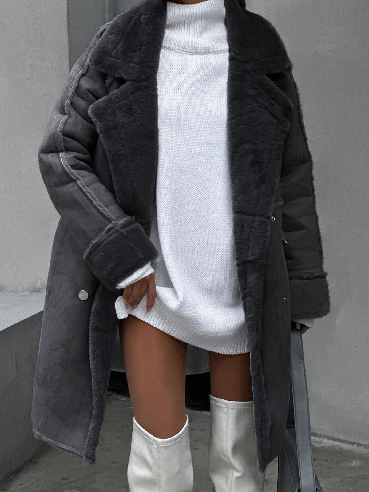 Styled outfit featuring grey plush-lined coat
