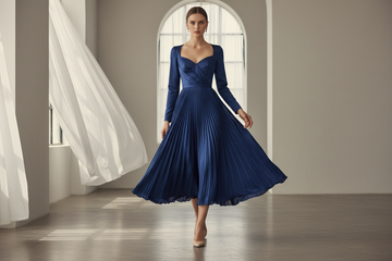 Model wearing elegant midi dress with mid-calf hemline - sophisticated women's fashion with timeless silhouette and refined styling