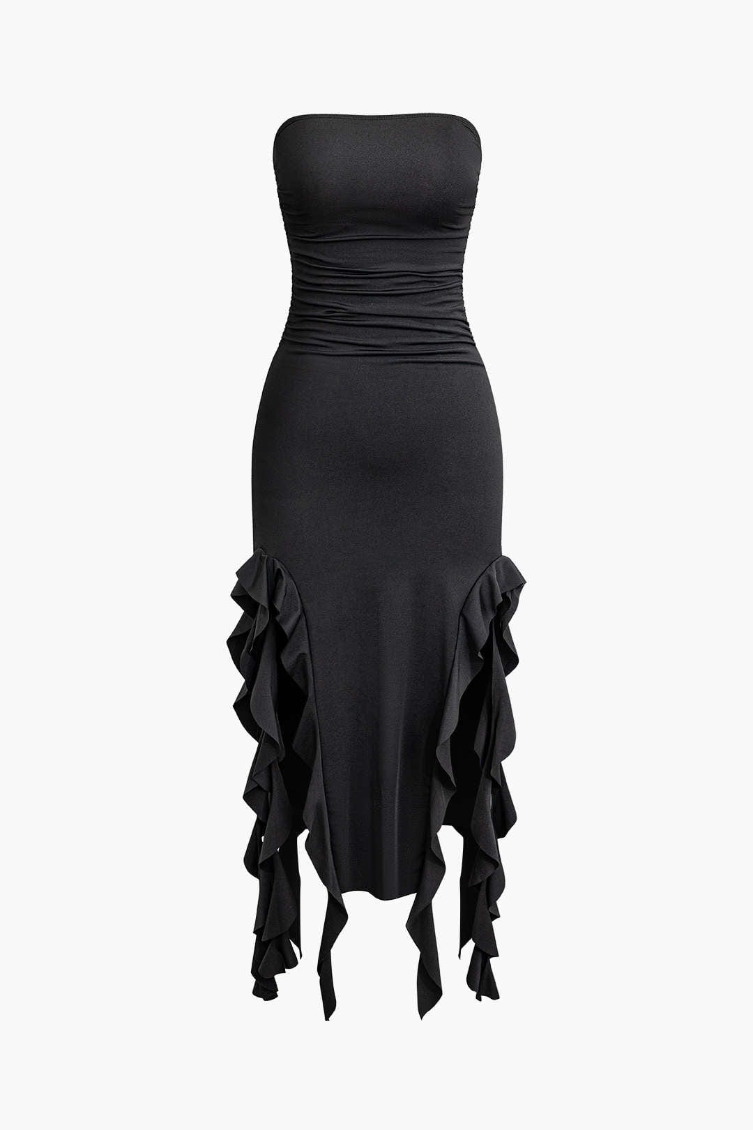 Elegant Ruffle Bandeau Maxi Dress – Timeless Sophistication