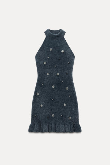 Knit Mini Dress with Pearls & Ruffled Hem