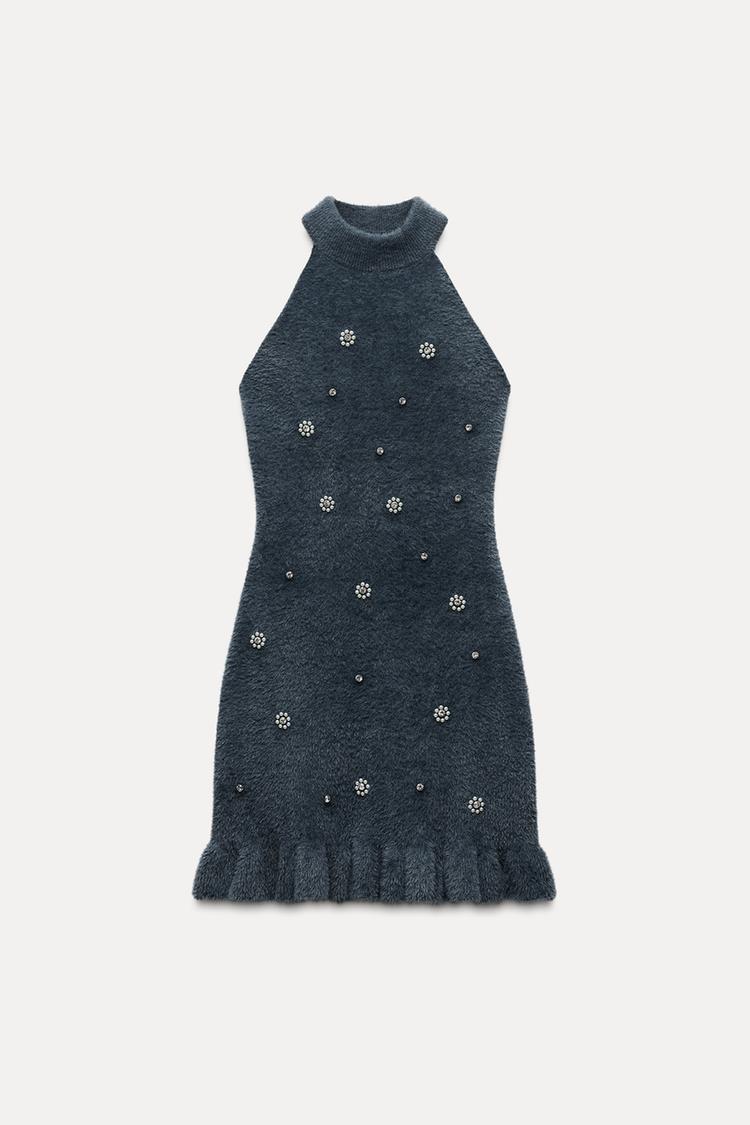 Knit Mini Dress with Pearls & Ruffled Hem