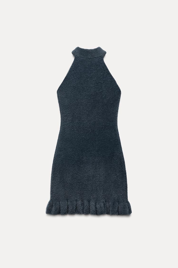 Knit Mini Dress with Pearls & Ruffled Hem