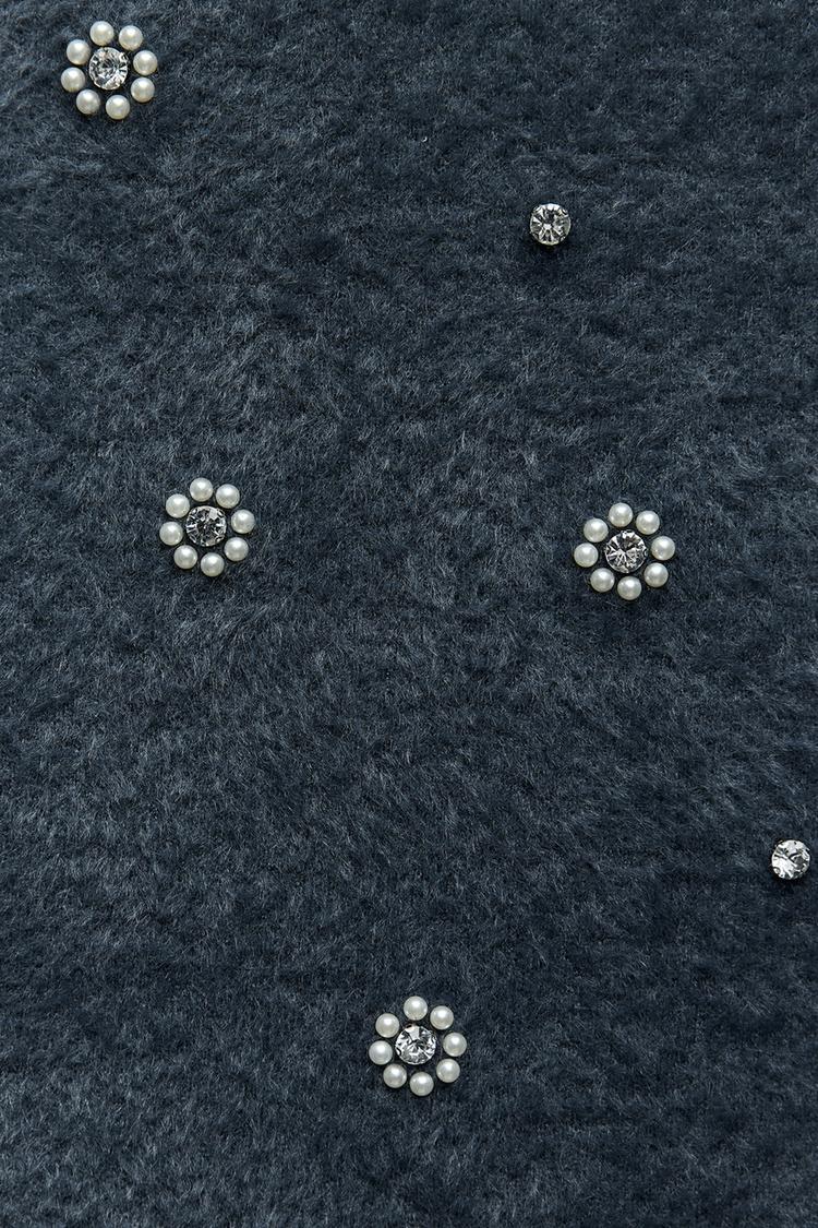 Knit Mini Dress with Pearls & Ruffled Hem