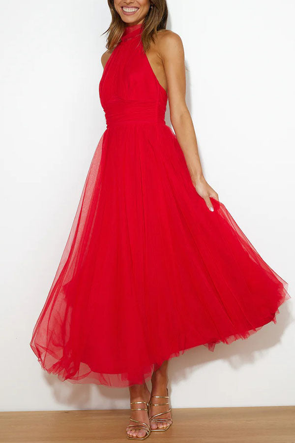 Halterneck A-Line Tulle Midi Dress with Veil Collar