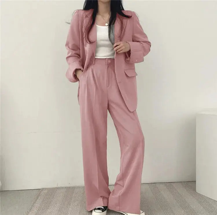 Solid Color Blazer and Straight-Leg Pants Set
