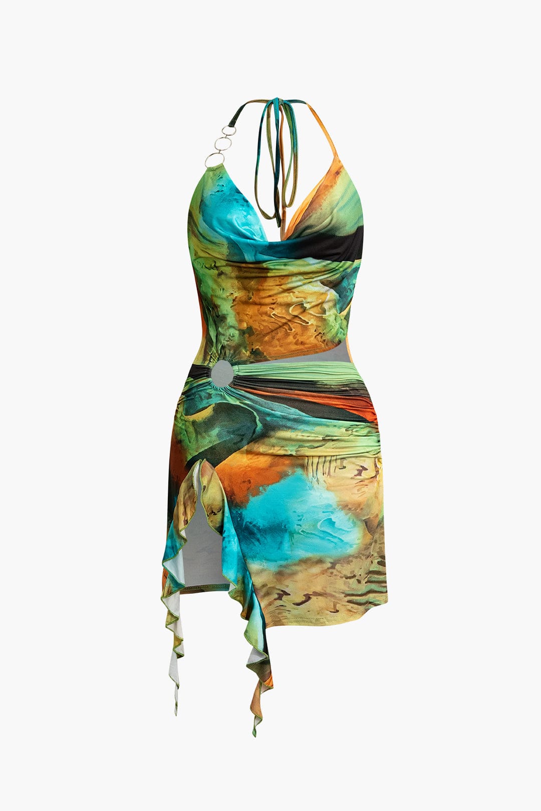 Asymmetrical Side-Slit Halter Mini Dress with Art Print