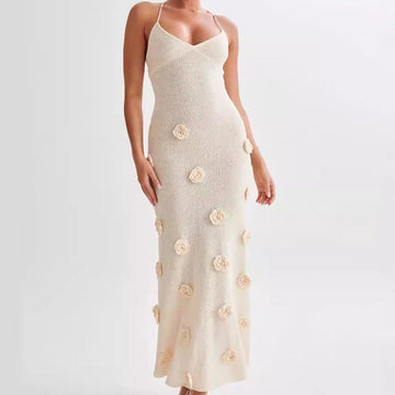 Spaghetti Strap Maxi Dress with 3D Flower Appliqués