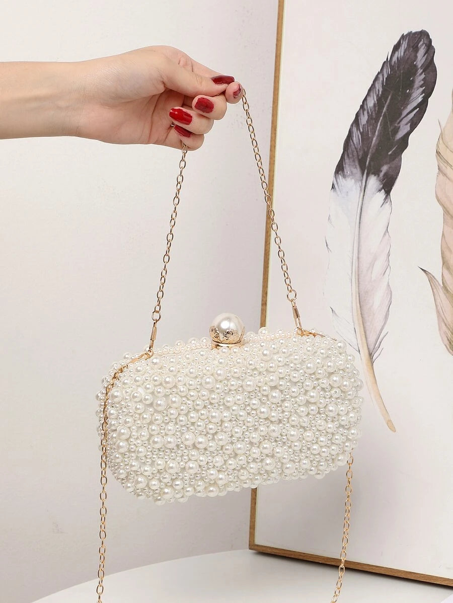 Sequin Mini Pearl Chain Box Bag - Ideal for Weddings, Prom & Parties