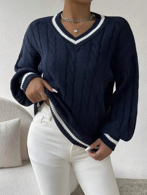 Striped Cable Knit V-Neck Sweater