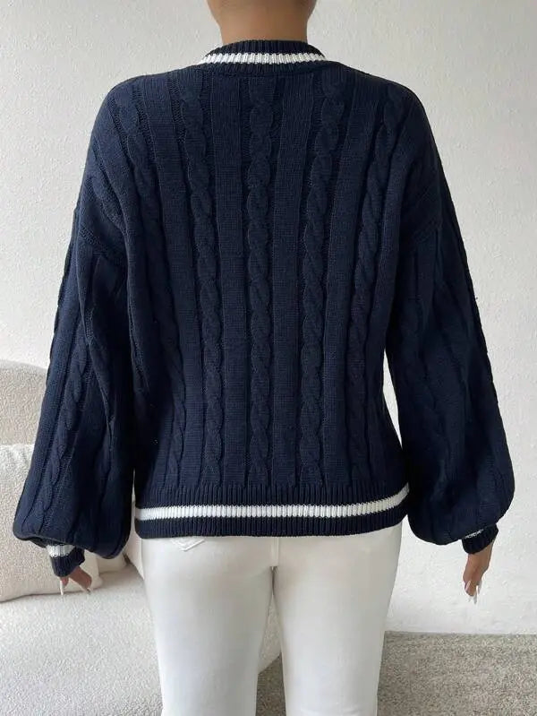 Striped Cable Knit V-Neck Sweater