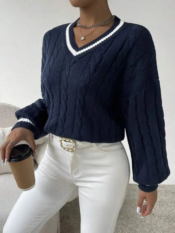 Striped Cable Knit V-Neck Sweater