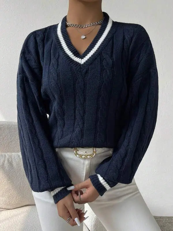 Striped Cable Knit V-Neck Sweater