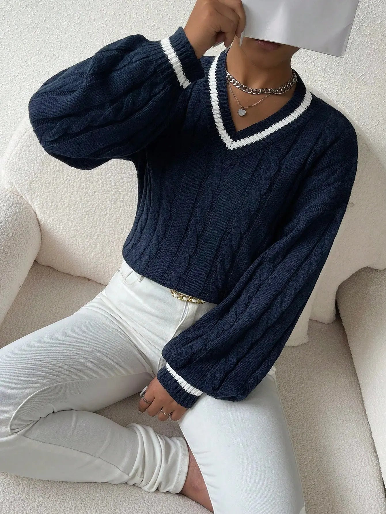 Striped Cable Knit V-Neck Sweater