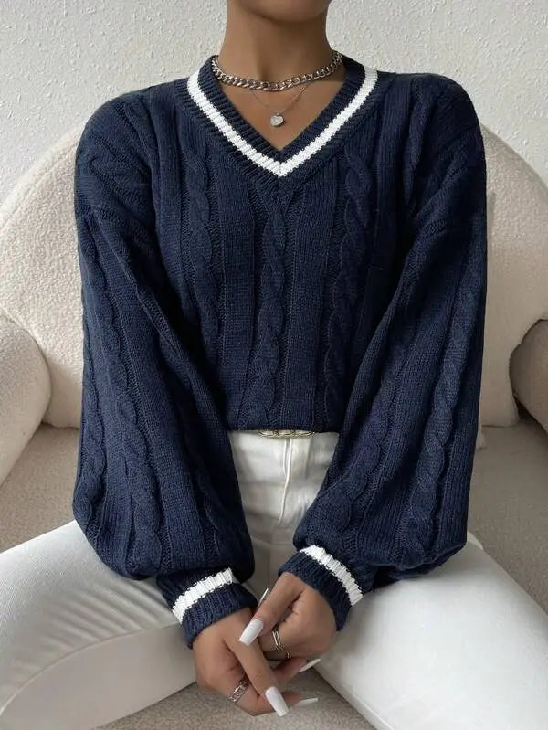 Striped Cable Knit V-Neck Sweater