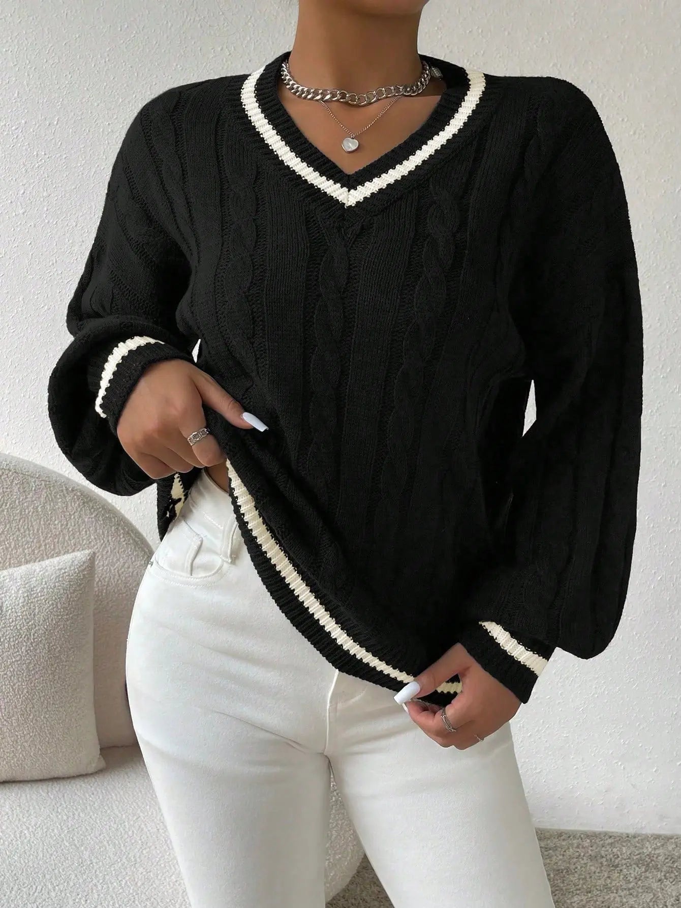 Striped Cable Knit V-Neck Sweater
