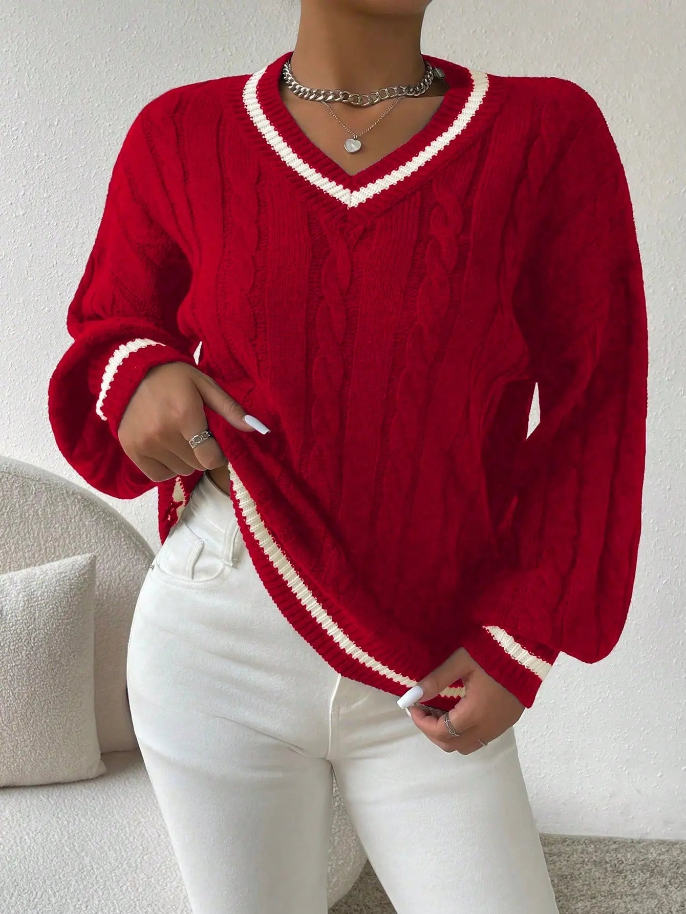 Striped Cable Knit V-Neck Sweater
