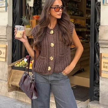 Sleeveless Knit Vest with Gold Buttons