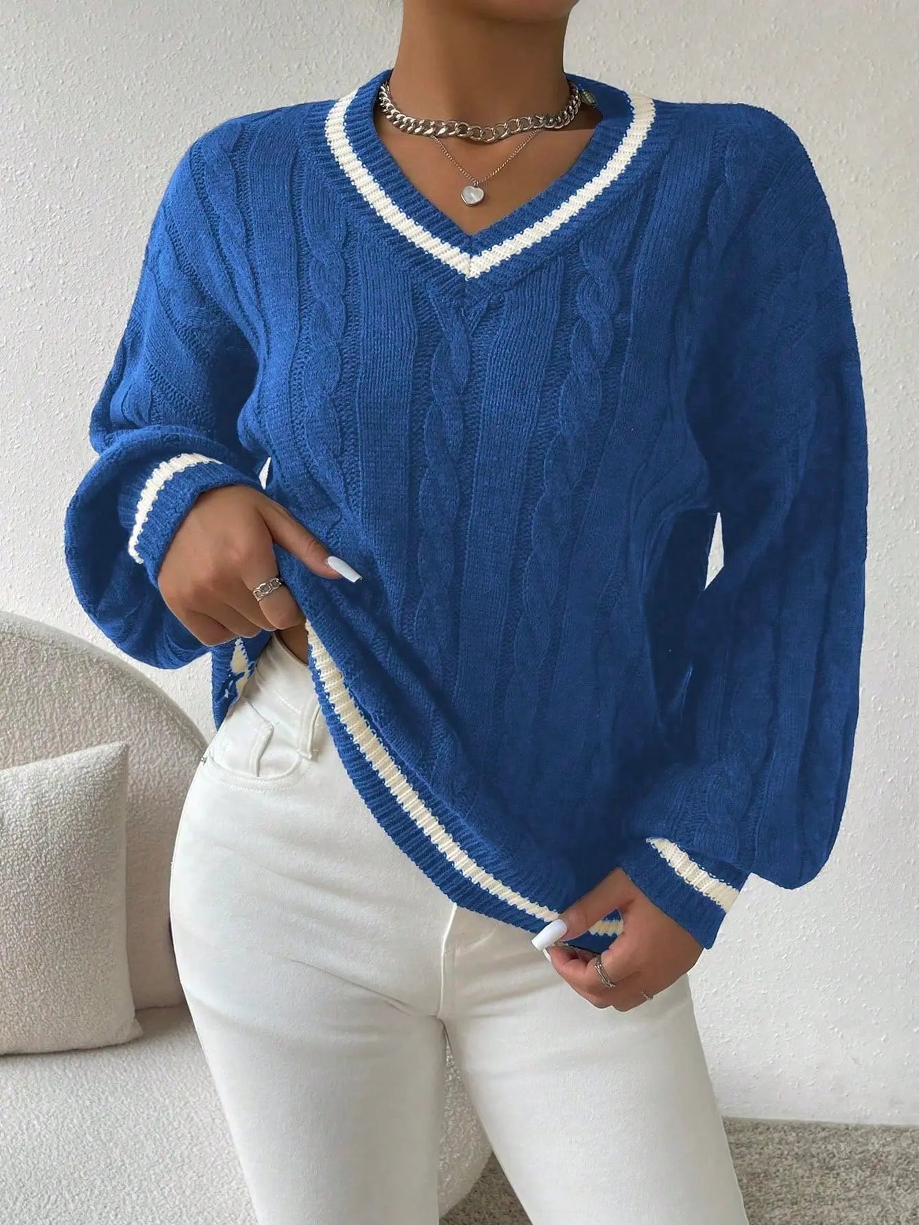 Striped Cable Knit V-Neck Sweater