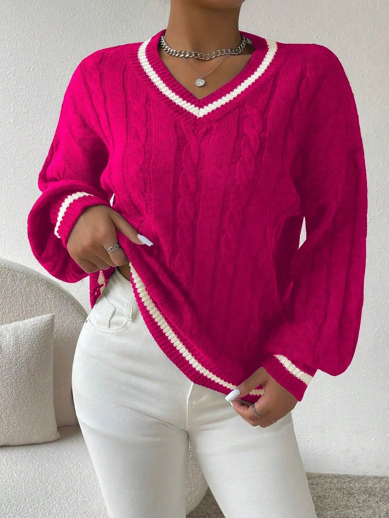 Striped Cable Knit V-Neck Sweater