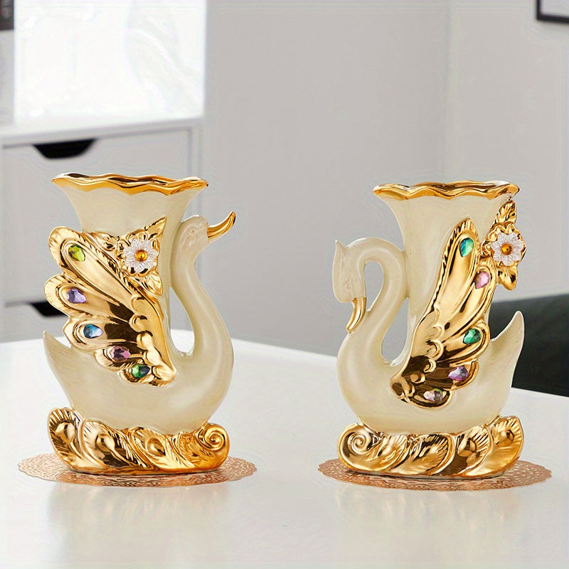 Elegant Swan Ceramic Vases Set of 2 - Vintage Boho Centerpiece