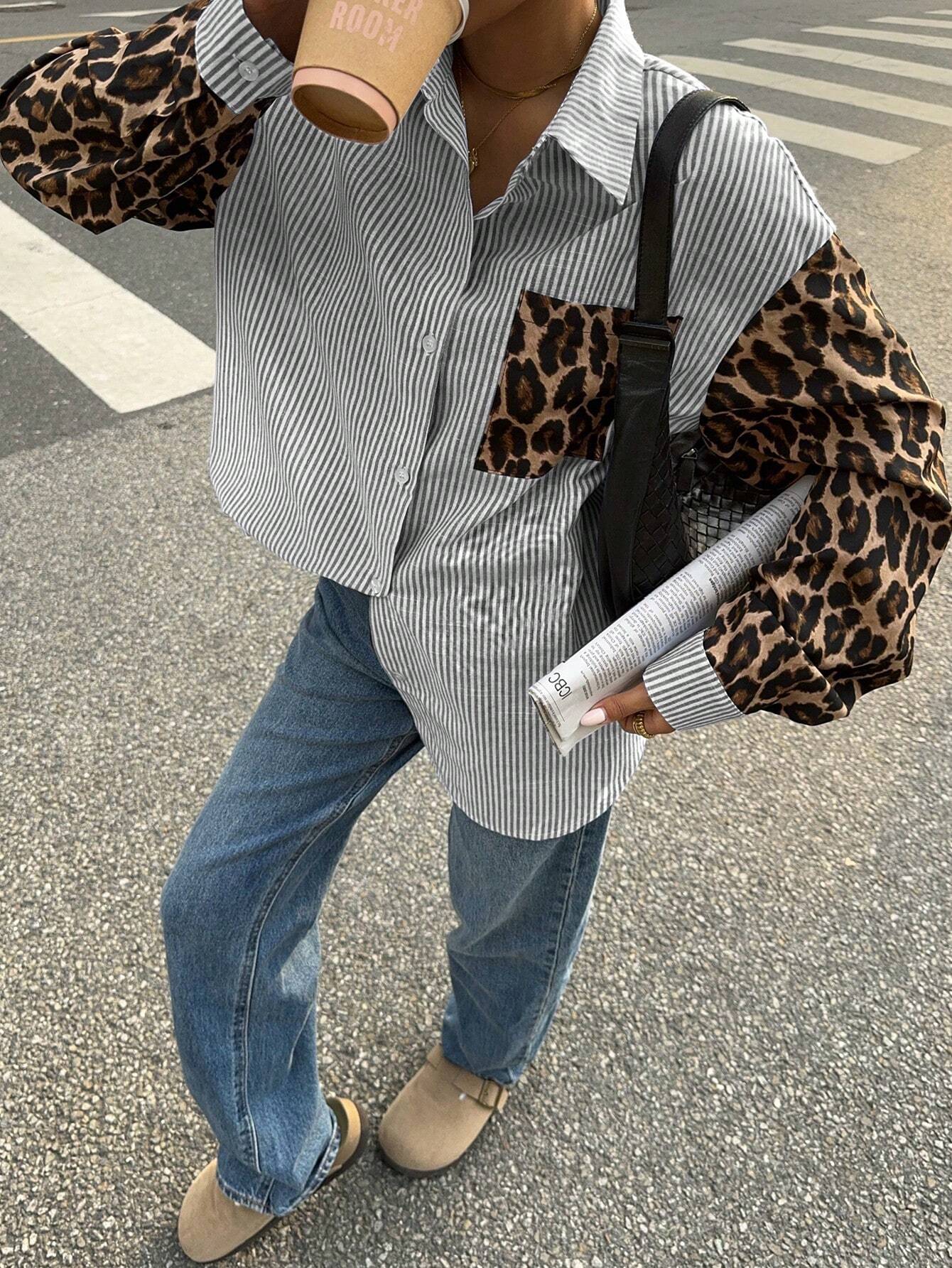 Striped Women's Blouse with Leopard Accents – Casual & Stylish