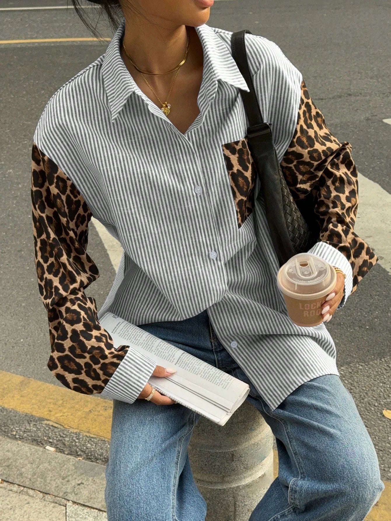 Striped Women's Blouse with Leopard Accents – Casual & Stylish