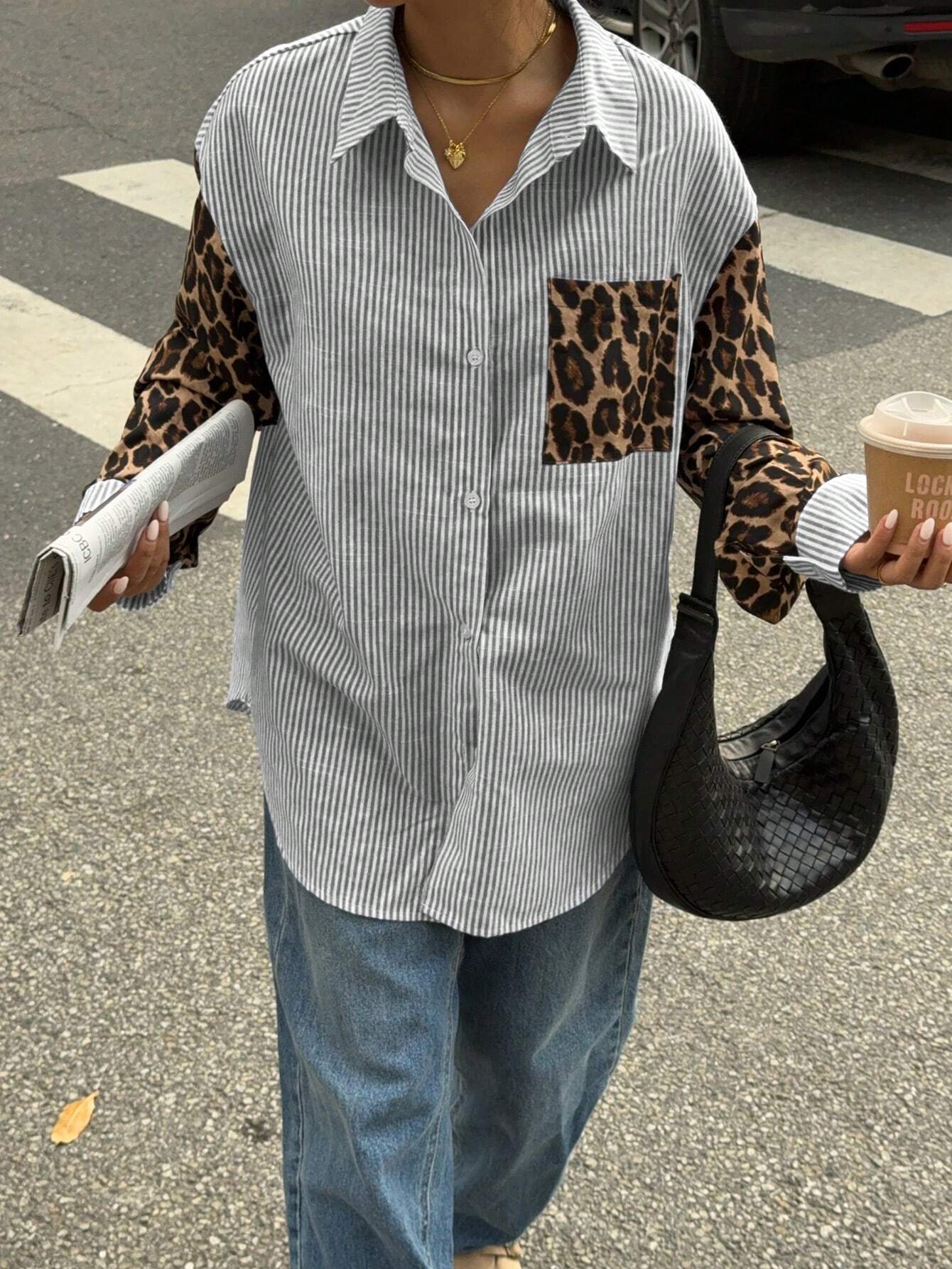 Striped Women's Blouse with Leopard Accents – Casual & Stylish