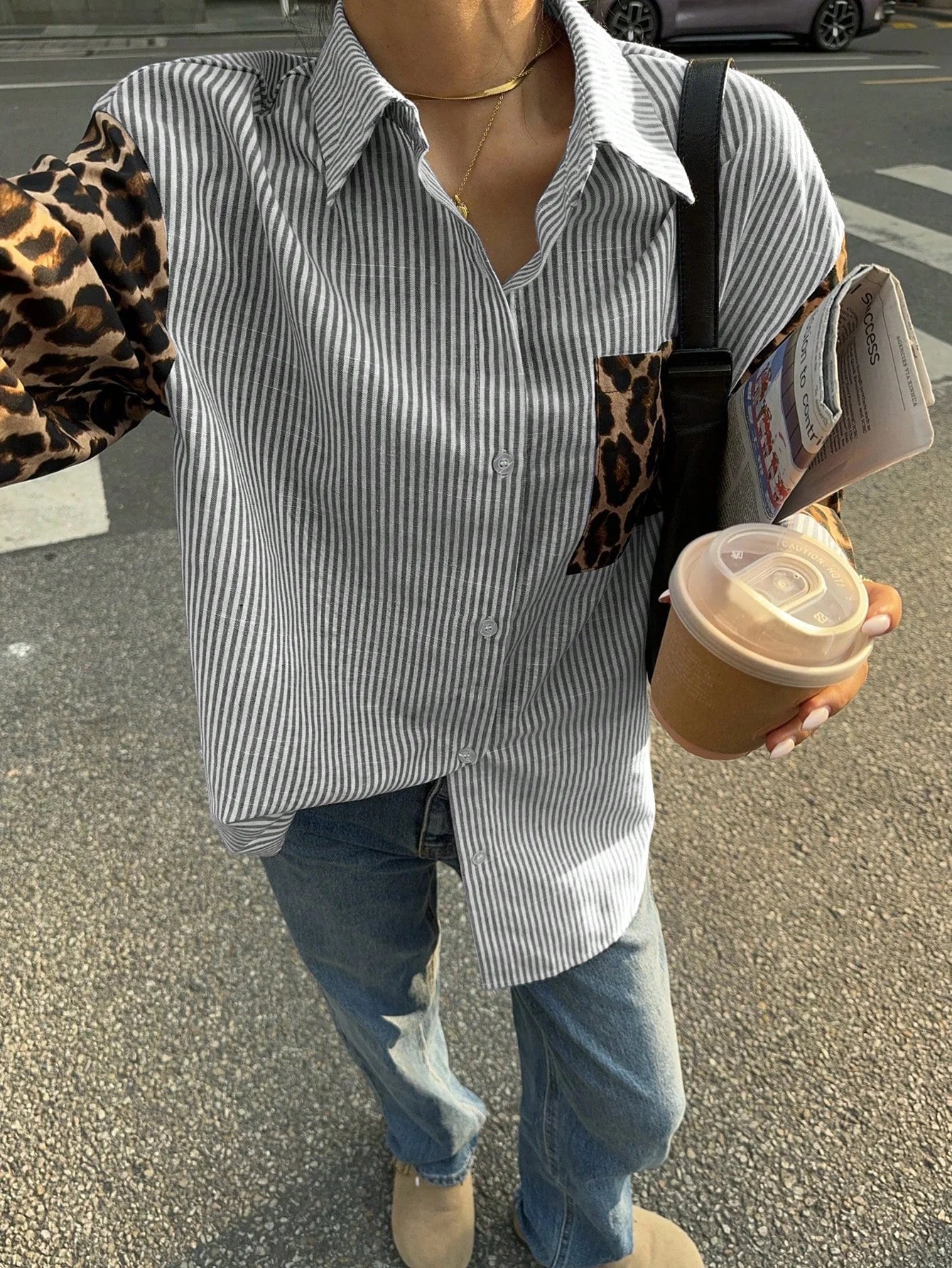 Striped Women's Blouse with Leopard Accents – Casual & Stylish
