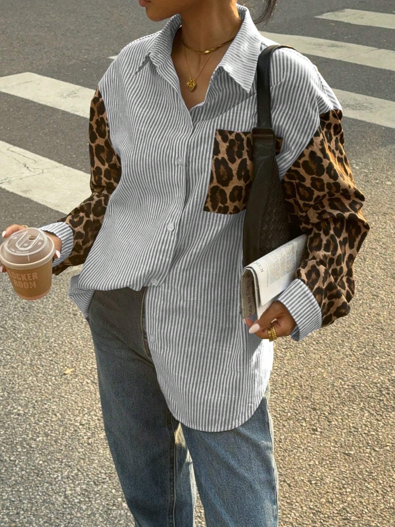 Striped Women's Blouse with Leopard Accents – Casual & Stylish