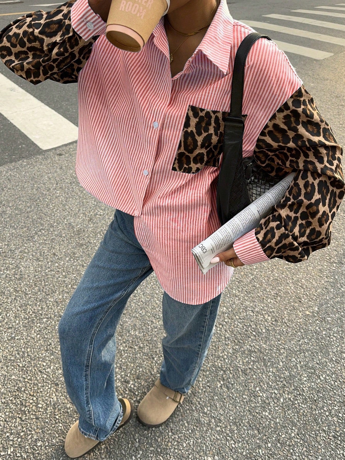 Striped Women's Blouse with Leopard Accents – Casual & Stylish