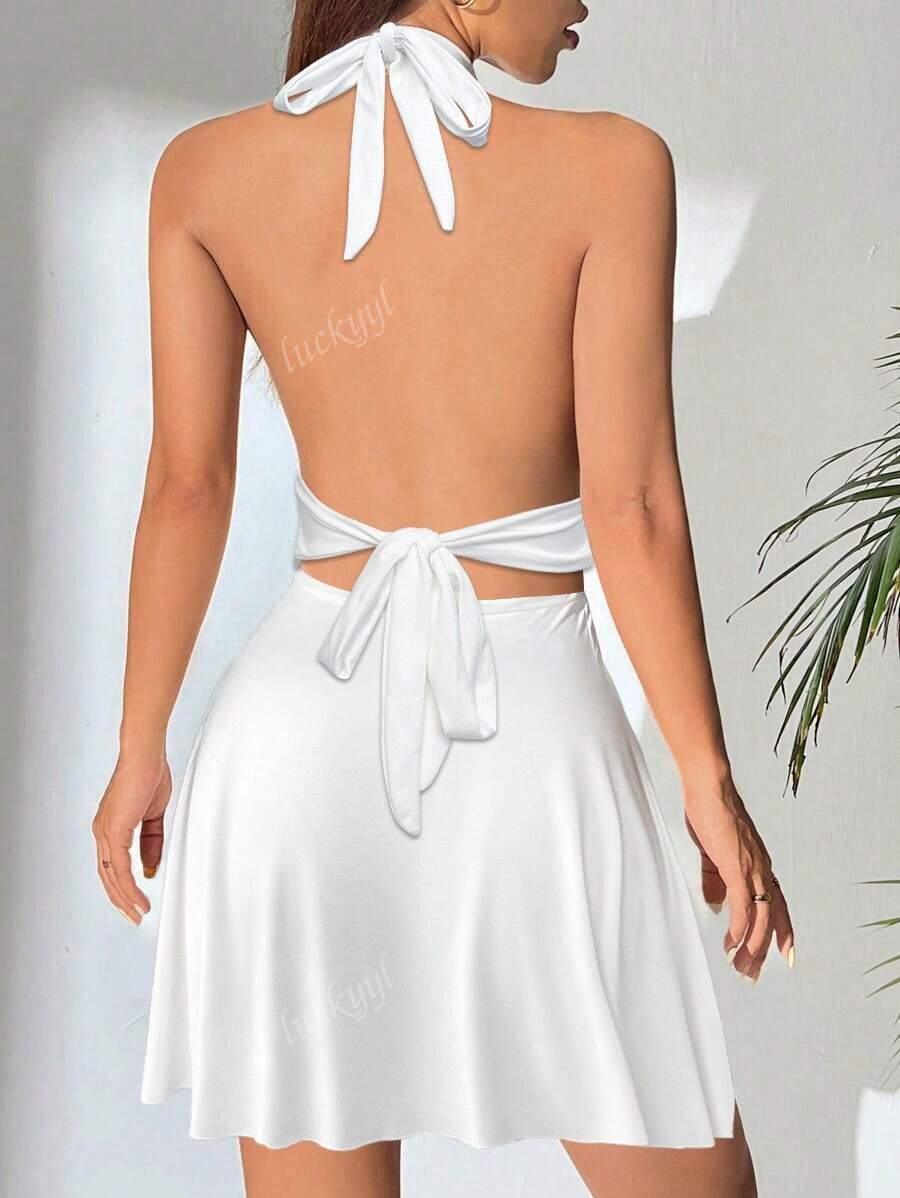 Halter Neck Skater Mini Dress - Figure-Hugging & Feminine