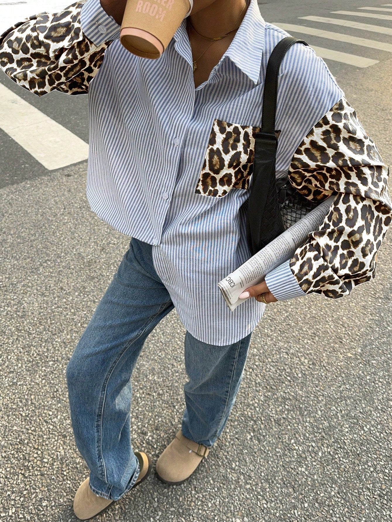 Striped Women's Blouse with Leopard Accents – Casual & Stylish