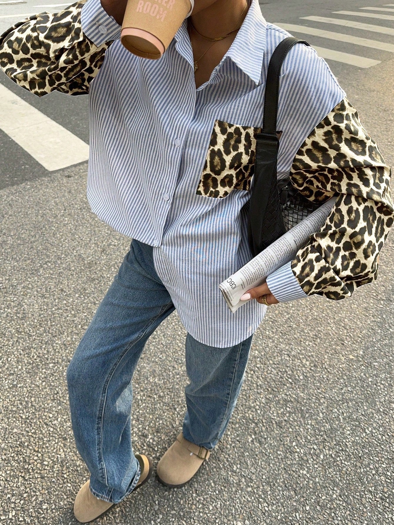 Striped Women's Blouse with Leopard Accents – Casual & Stylish