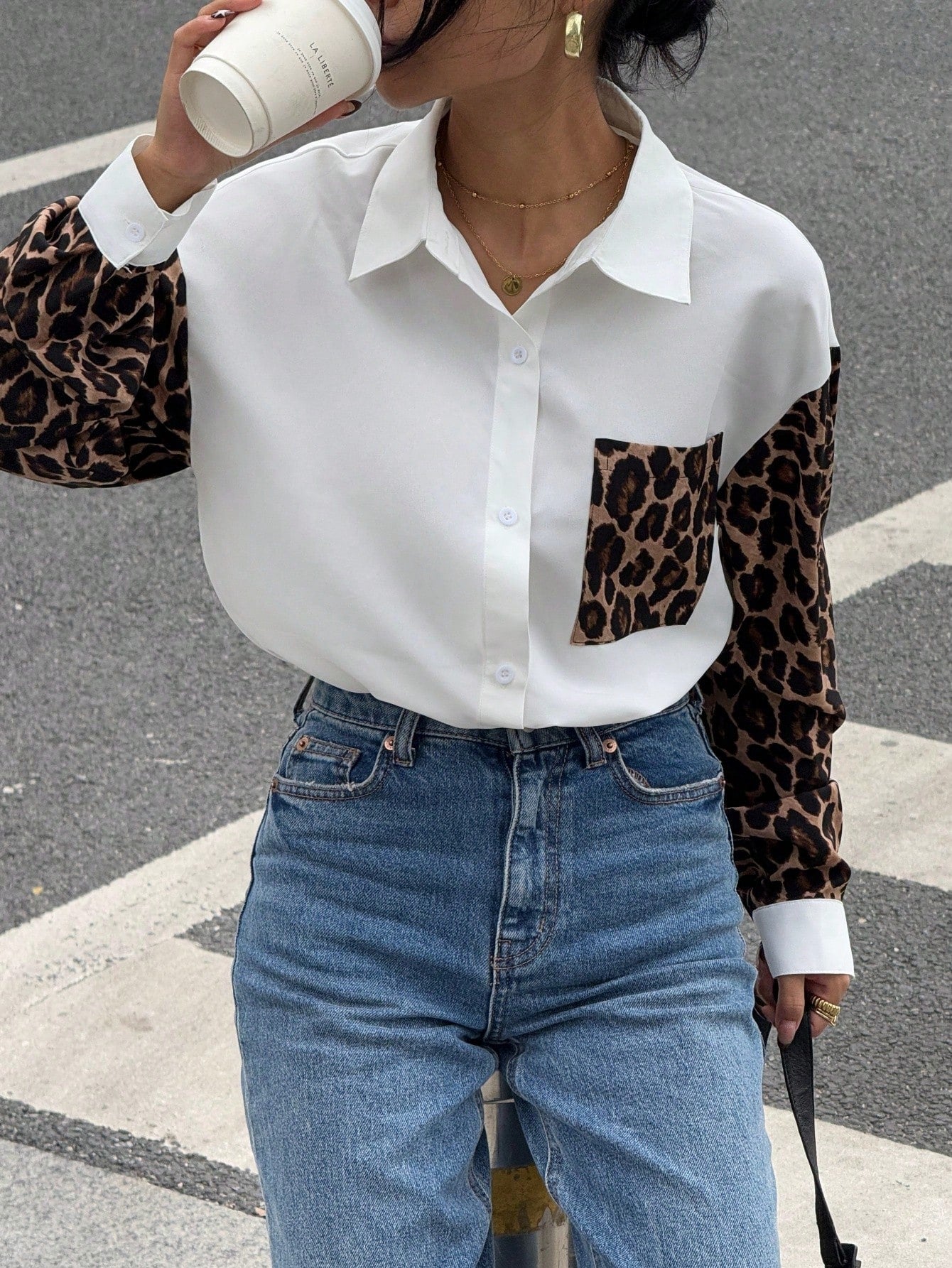 Striped Women's Blouse with Leopard Accents – Casual & Stylish