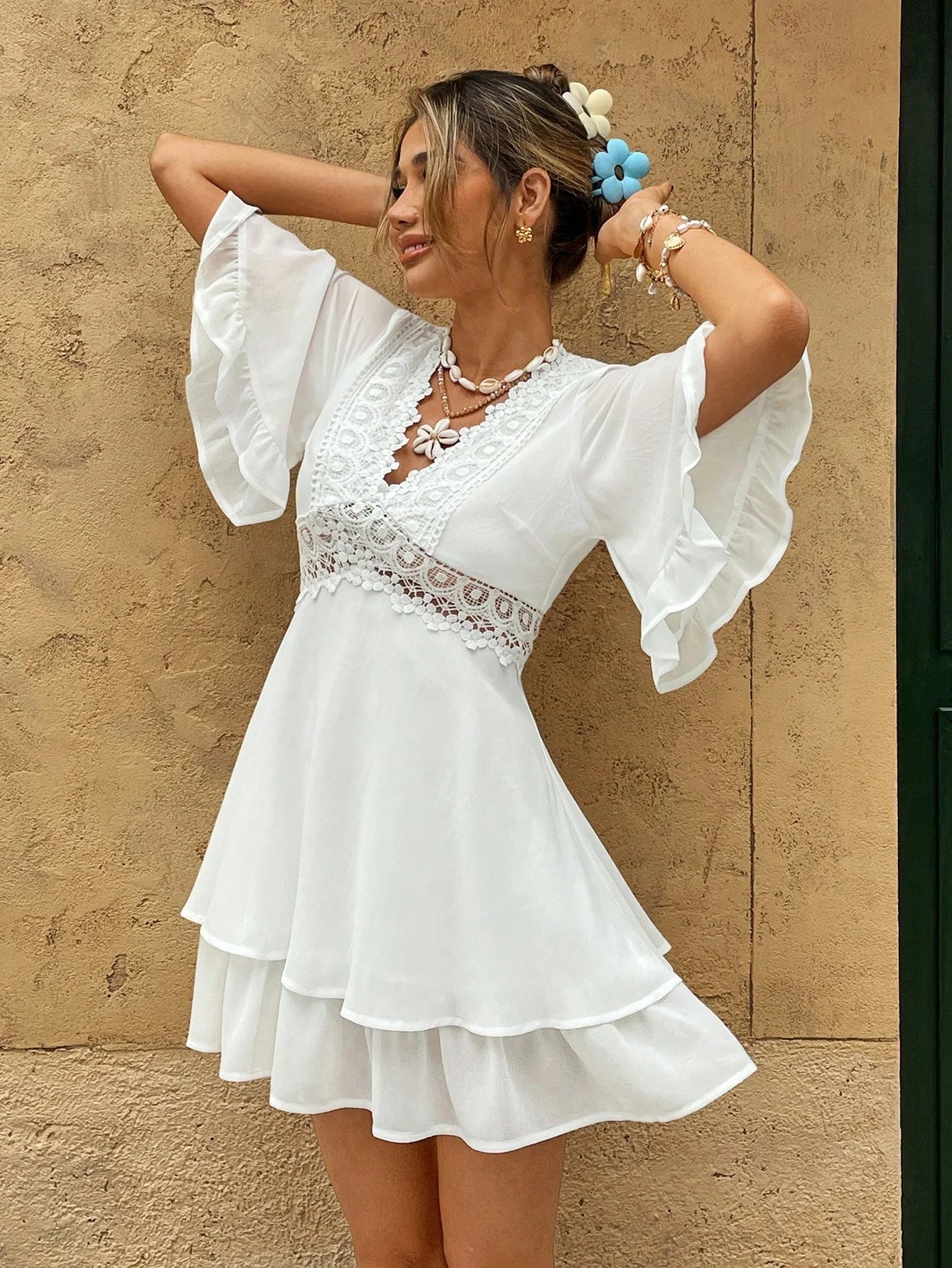 White Boho Summer Dress with Lace & Ruffles - V-Neck, Loose Fit
