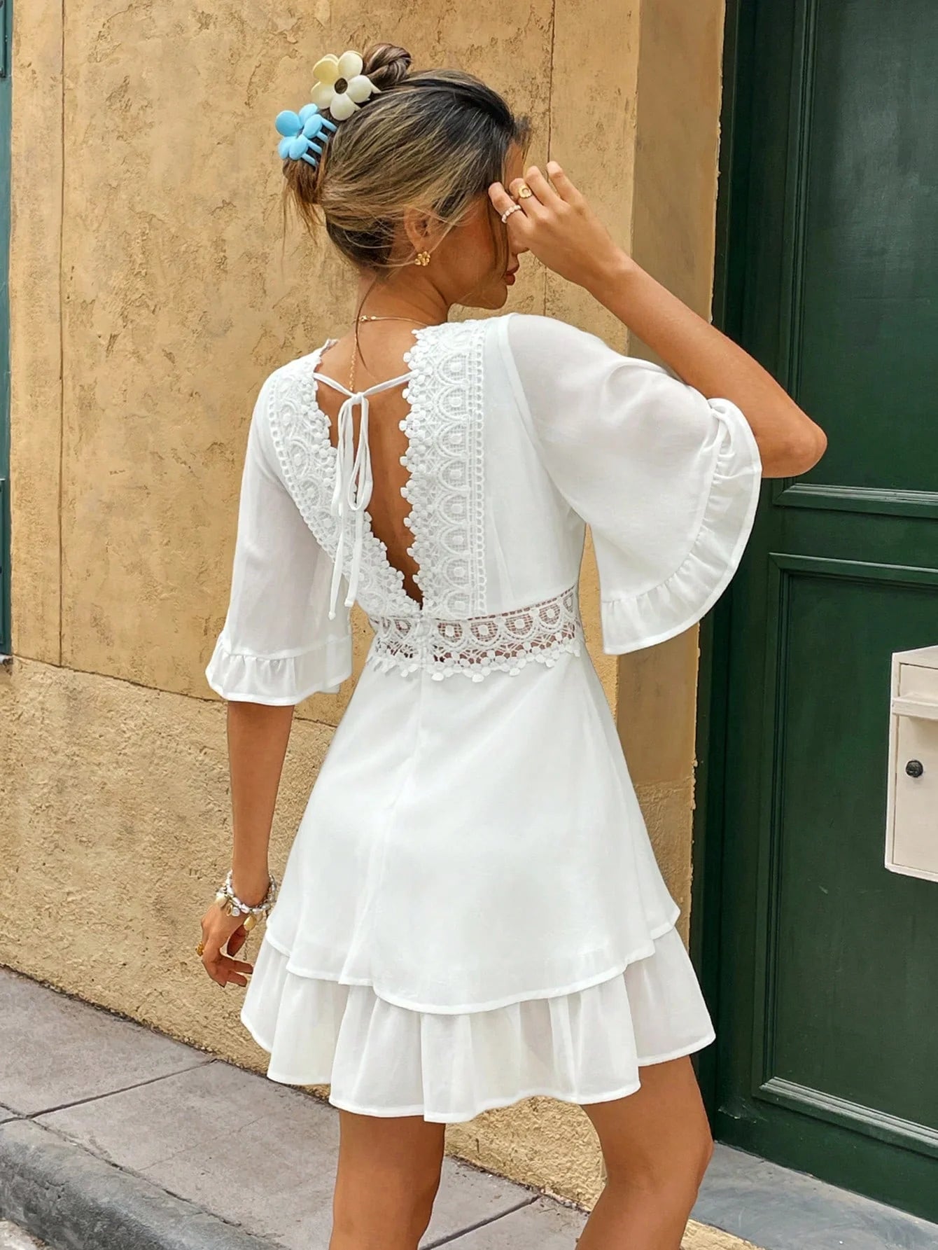 White Boho Summer Dress with Lace & Ruffles - V-Neck, Loose Fit