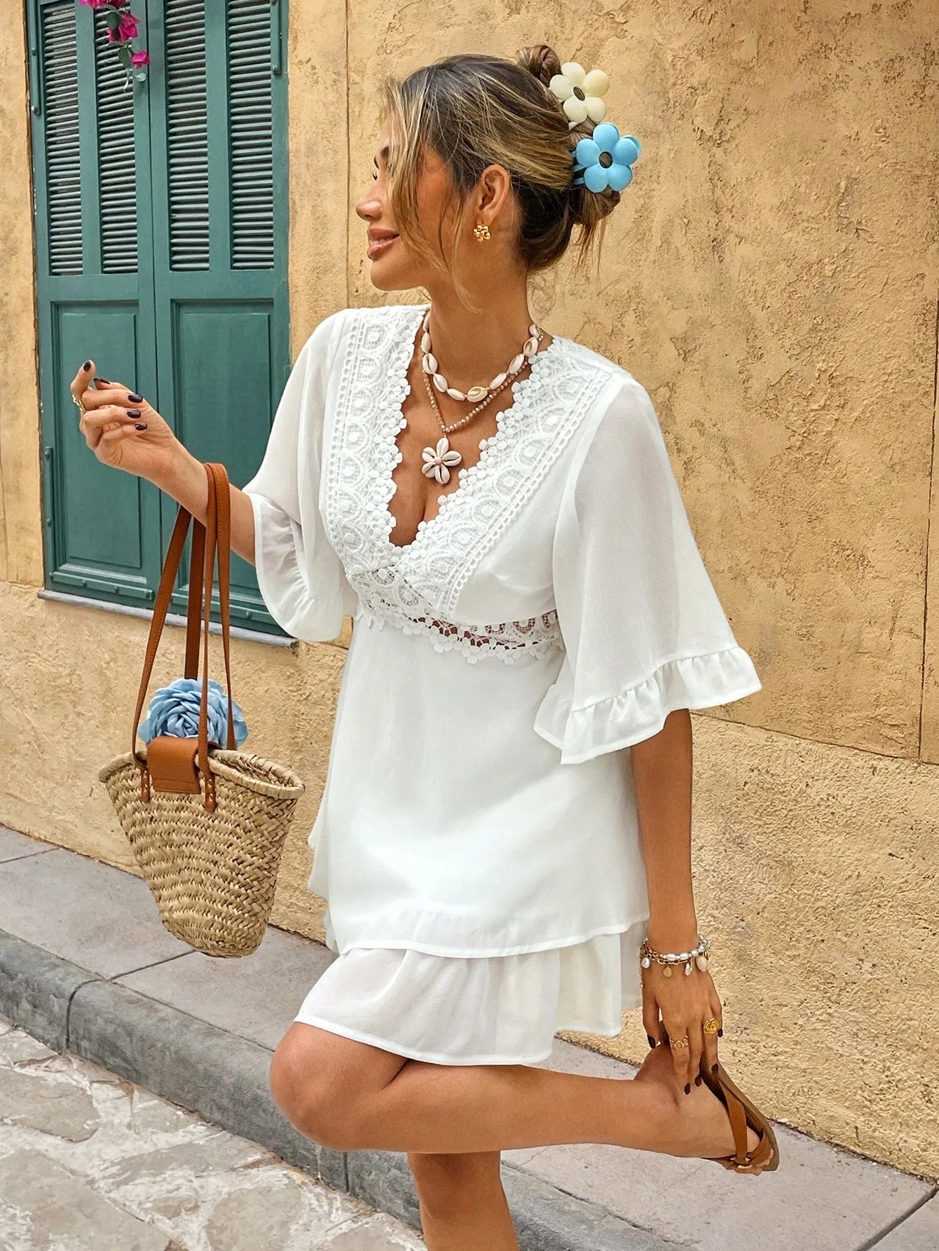 White Boho Summer Dress with Lace & Ruffles - V-Neck, Loose Fit