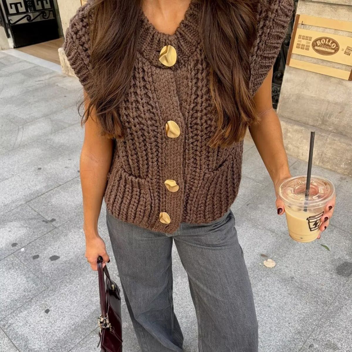 Sleeveless Knit Vest with Gold Buttons