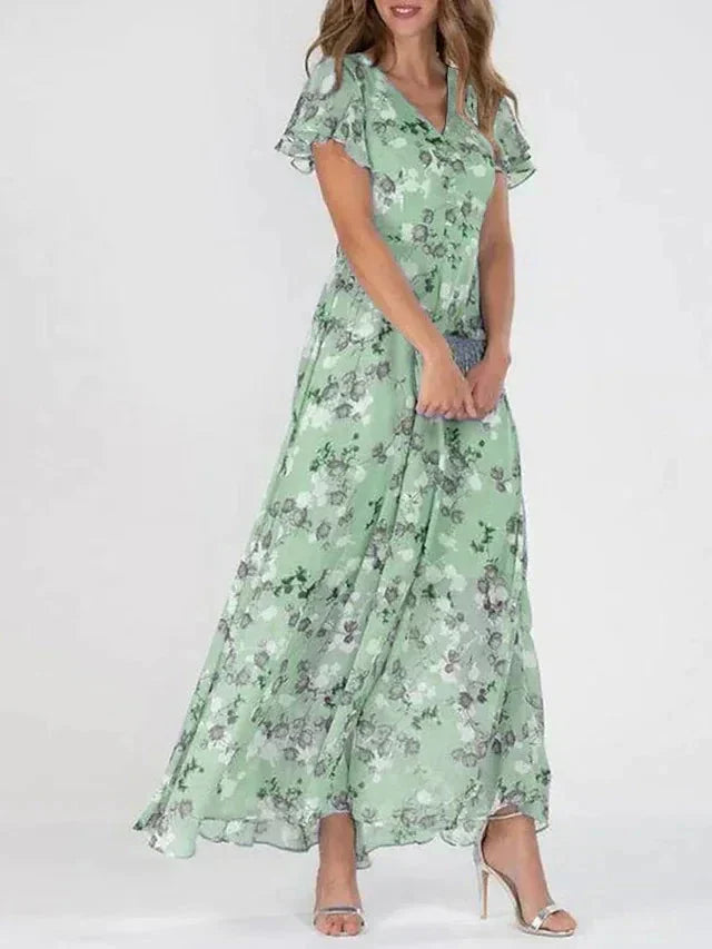 Floral Print V-Neck Maxi Dress with Butterfly Sleeves