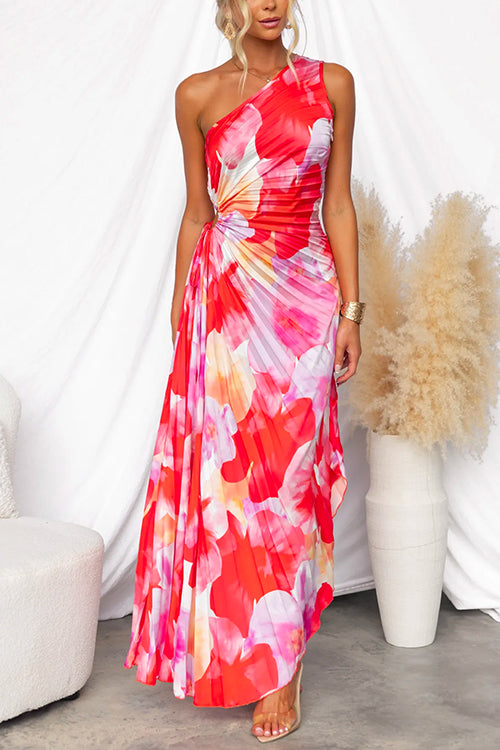 Floral One-Shoulder Maxi Dress – Pleated for Summer & Special Occasions