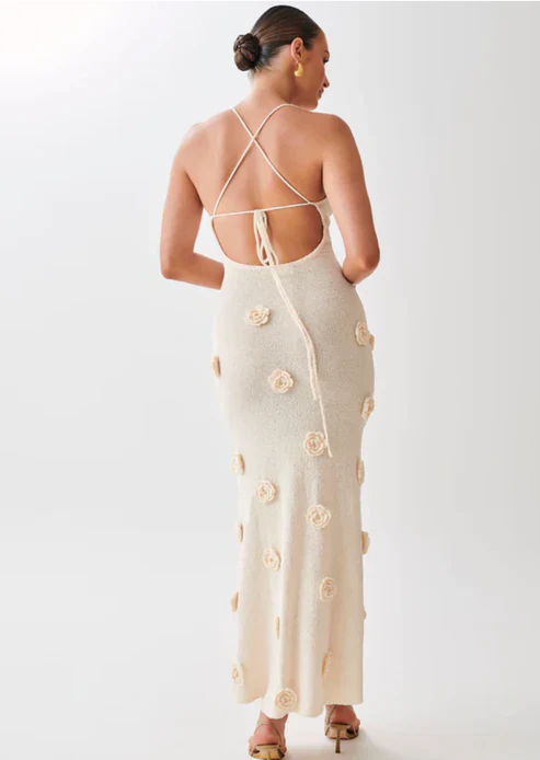 Spaghetti Strap Maxi Dress with 3D Flower Appliqués