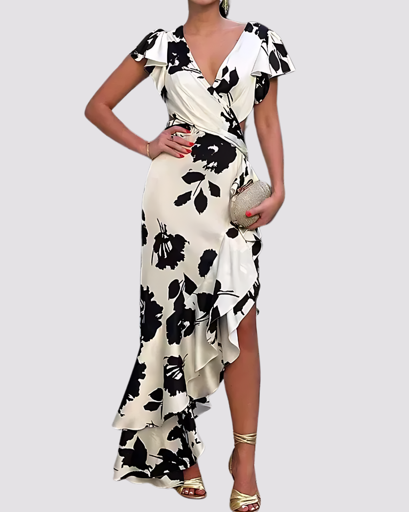 Asymmetrical Floral Maxi Dress with Ruffle Hem