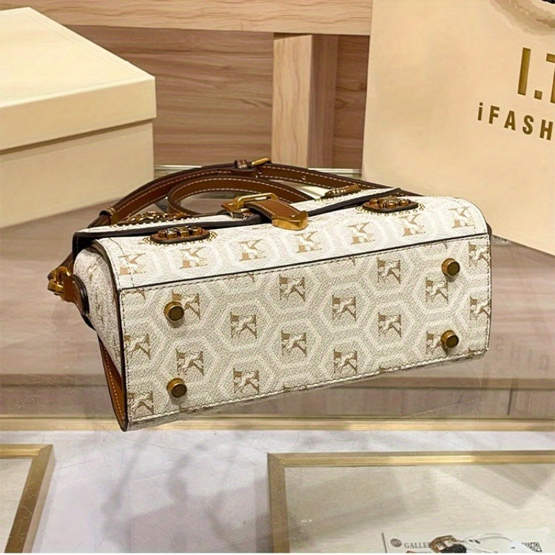 Elegant Vintage Two-Layer Handbag - Beige/Brown with Zipper Closure & Adjustable Strap