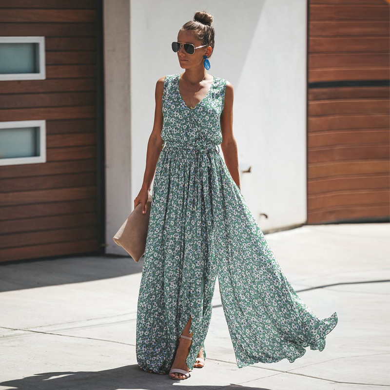 Floral Print Sleeveless Maxi Dress with Slit
